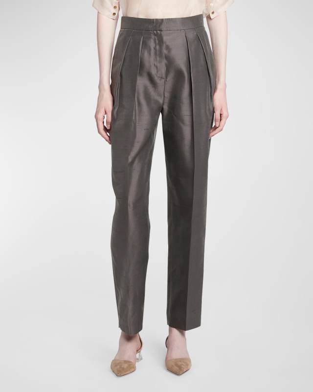 Shantung Silk Pleated Straight-Leg Trousers